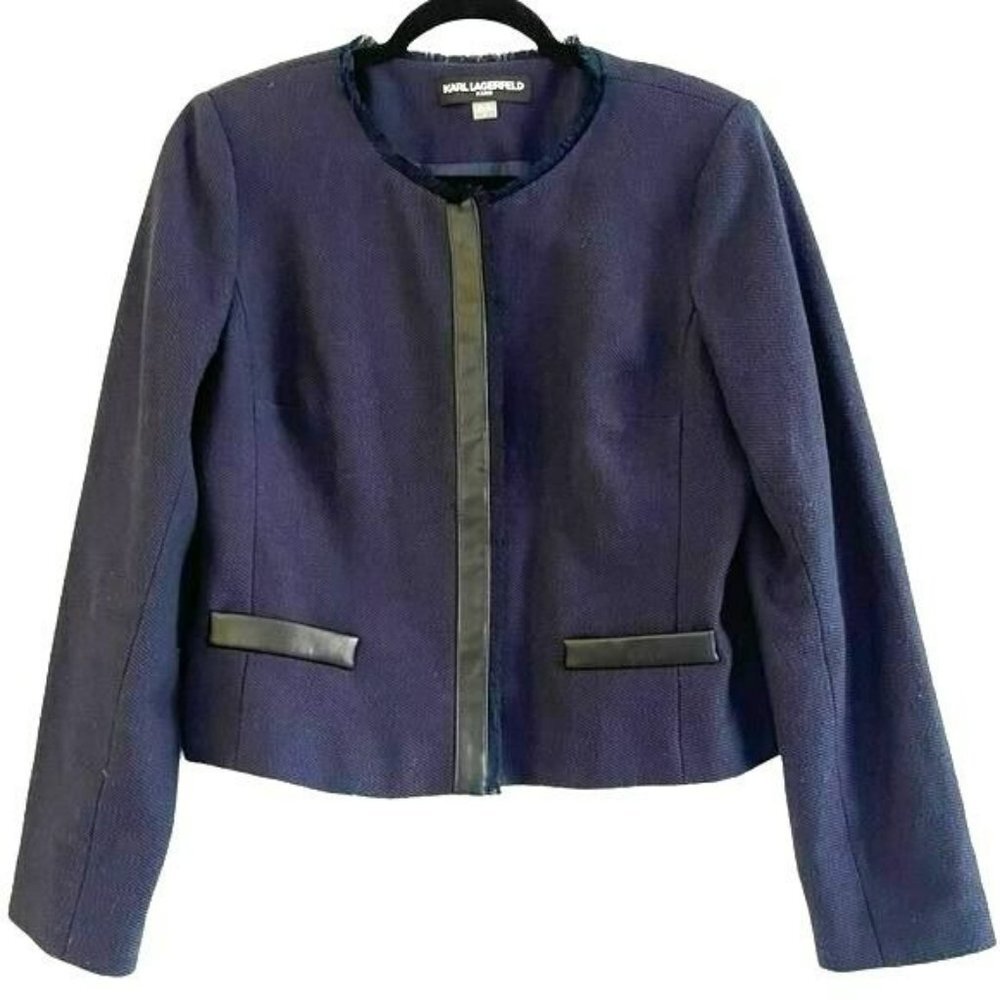Karl Lagerfeld Blue Cropped Faux Leather Trim Blazer Jacket Size 12